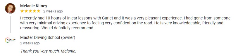 Melanie Kitney - instructor Gurtej - Brantford - Master Drivers - Master Driving School - G1 knowledge written test- G2-G2 road tests- in-car training Student driver Melanie Kitney - instructor Gurtej - Brantford - Master Drivers - Master Driving School - G1 knowledge written test- G2-G2 road tests- in-car training - 5 stars google review