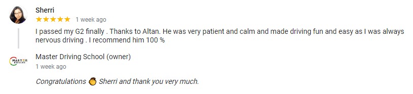 Sherri - instructor Altan - Master Drivers - Master Driving School - G1 knowledge written test- G2-G2 road tests- in-car training student driver Sherri - instructor Altan - Master Drivers - Master Driving School - G1 knowledge written test- G2-G2 road tests- in-car training - 5 stars google review