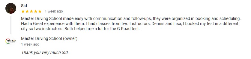 Sid - instructor Lisa and Dennis- London-Mississauga - Master Drivers - Master Driving School - G1 - G2-G2 road tests- in-car training Sid - instructor Lisa and Dennis- London-Mississauga - Master Drivers - Master Driving School - G1 - G2-G2 road tests- in-car training